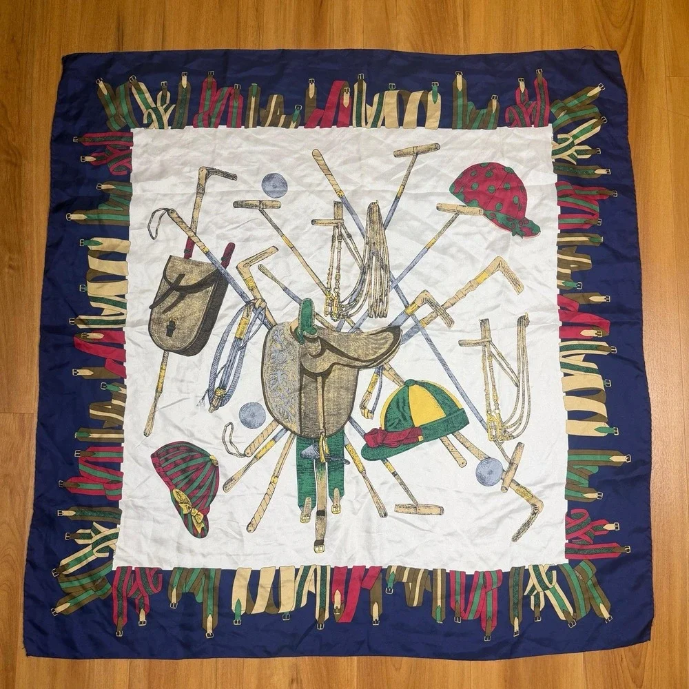 Vintage Pure‎ Silk Equestrian Polo Scarf Navy Blue Made in Italy 34x33.5
